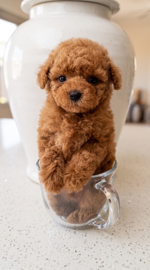 Tiny Teacup Poodle puppy sitting inside a glass mug