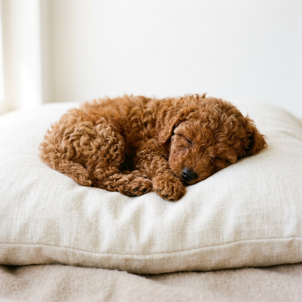 Teacup Poodle puppy sleeping on ivory linen