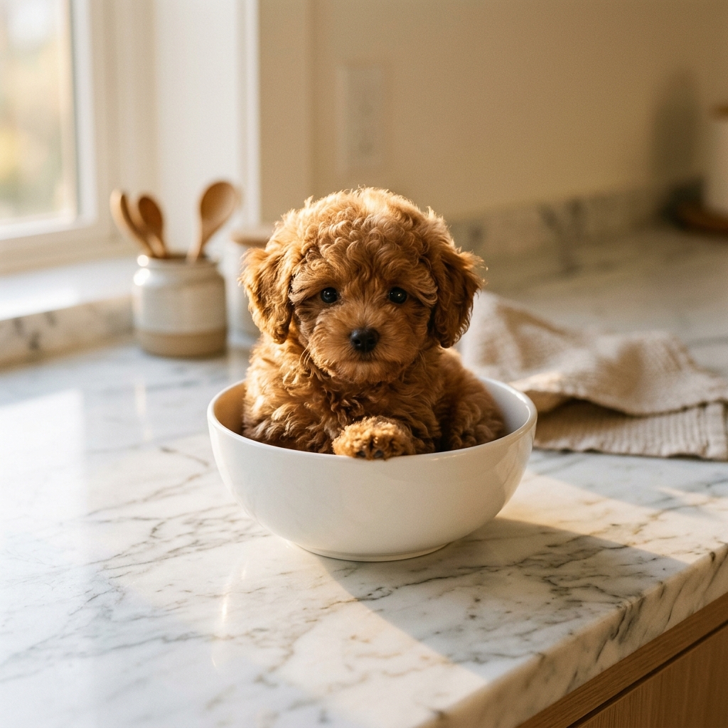 Teacup Poodle puppy in ceramic bowl