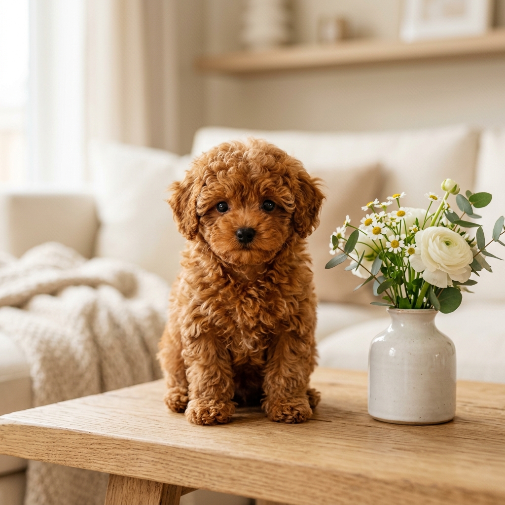Teacup Poodle puppy with flower vase