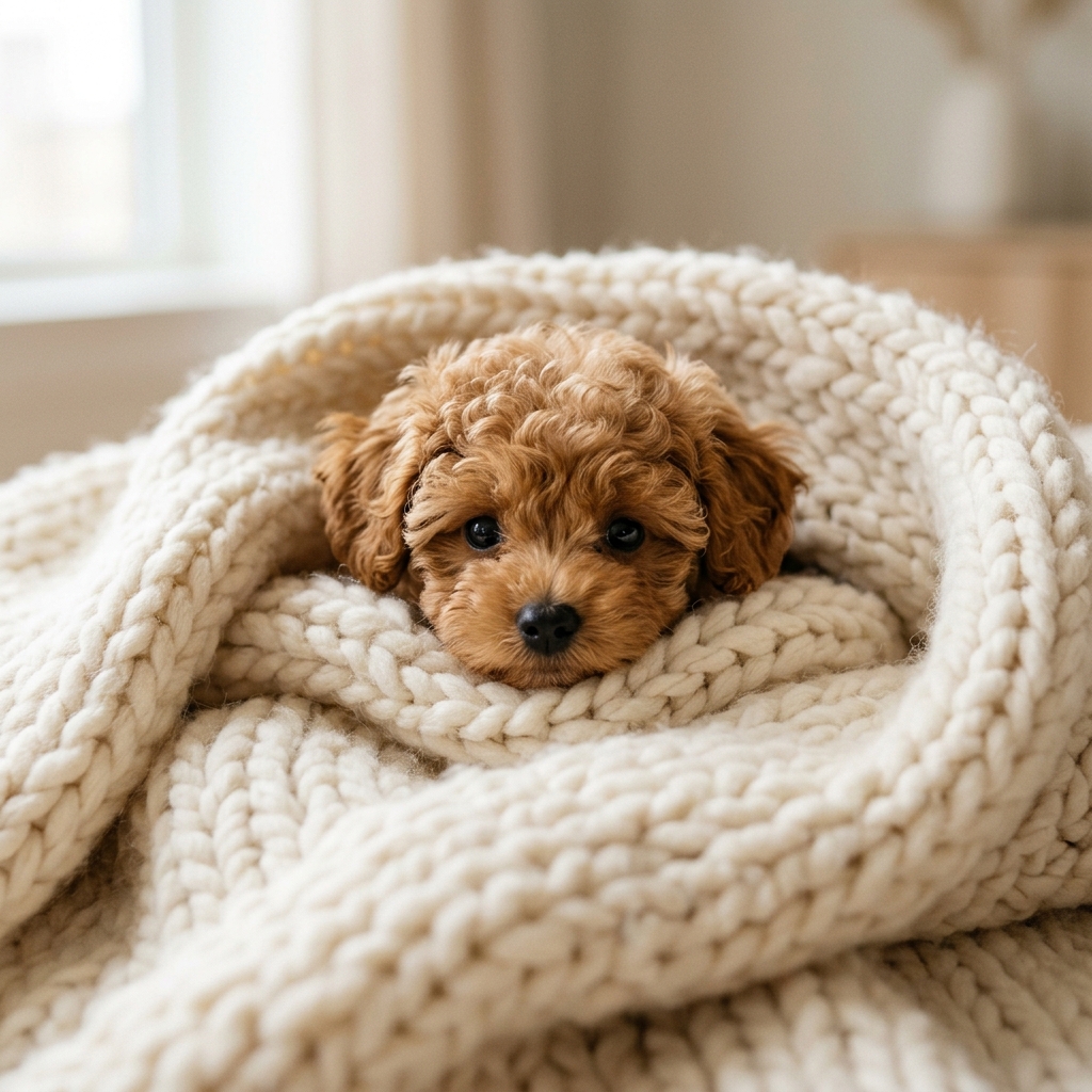 Teacup Poodle puppy peeking from blanket